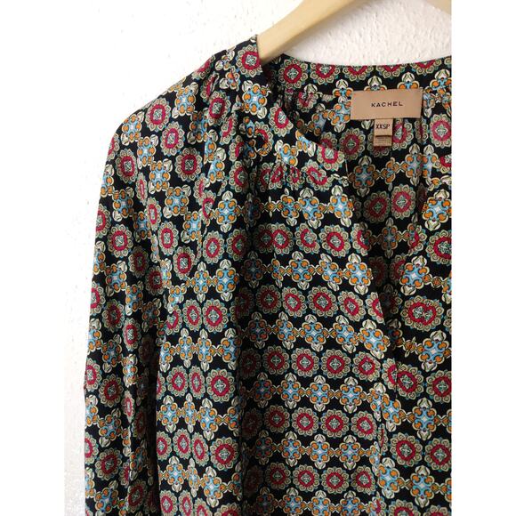 Anthropologie Kachel Green Red 3/4 Sleeve V-Neck Pullover 100% Silk Blouse XXSP - Picture 2 of 7